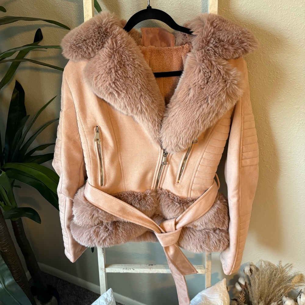 Women's Pink Faux Fur Moto Jacket Zip Buckle size Small